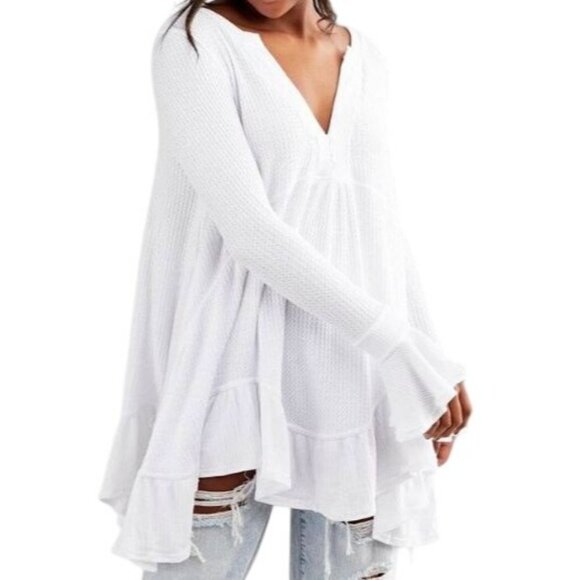 Free People XS Olivia Flare-Sleeve Waffle-Knit Tunic Top Boho - Picture 1 of 16